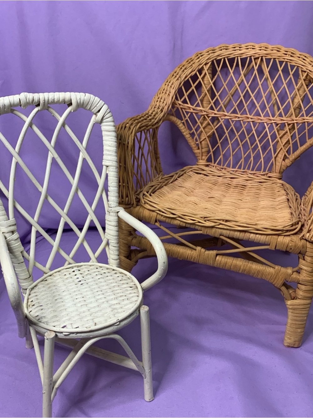 2 decorative tiny Wicker Rattan Armchair and White Painted Wicker Chair